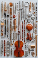 Naklejka premium Orchestral instruments, cello centerpiece, flatlay.