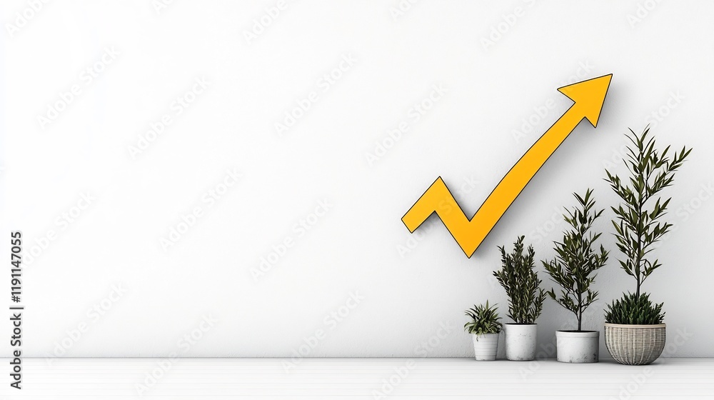 Poster serene white background highlighting a minimalist financial graph with an ascending arrow symbolizin