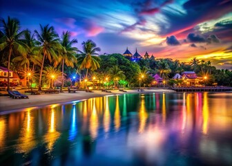 Obraz premium Vibrant Sentosa Beach Resort at Night - Long Exposure Photography, Singapore