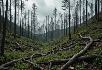 Forest with bare trees and green ground cover with fallen logs