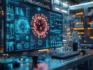 Futuristic Disease Control Lab with Interactive Holographic Virus Outbreak Simulations
