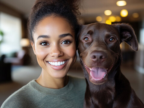 Woman smiles with her brown dog in cozy indoor setting