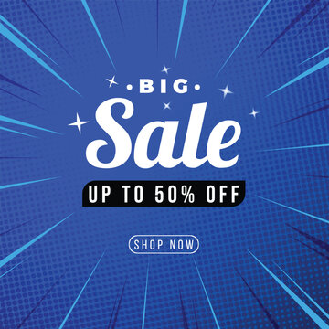 Blue flash sale banner template design for web or social media, Special offer discount up to 50% off.