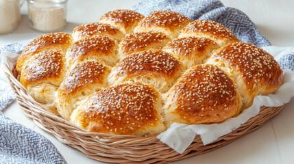 Golden-brown sesame bread rolls are beautifully presented in a woven basket, resting on a white cloth. They are soft and fluffy, perfect for sharing at a family meal