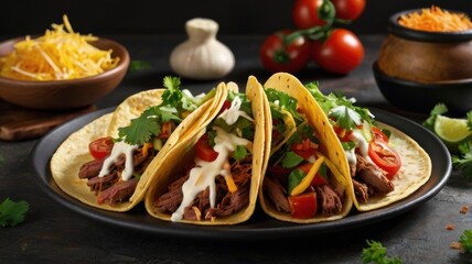 Deliciously Crafted Tacos: A Culinary Feast of Tender Shredded Beef, Fresh Vegetables, and Creamy Toppings Served with Salsa for a Flavorful