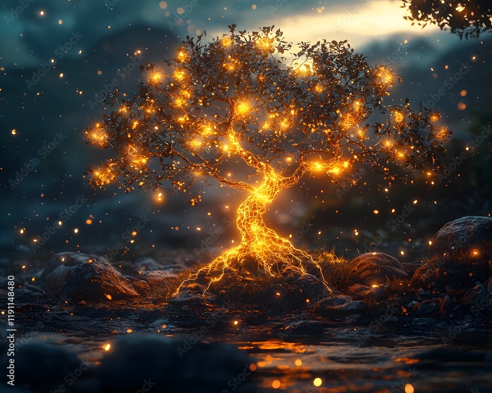Poster conceptual glowing tree of interconnected ideas representing innovation art science and technology
