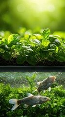 Water conservation in food production concept. Lush Greenery with Fresh Water Plants and Fish Swimming Under Bright Natural Light in a Tranquil Setting.