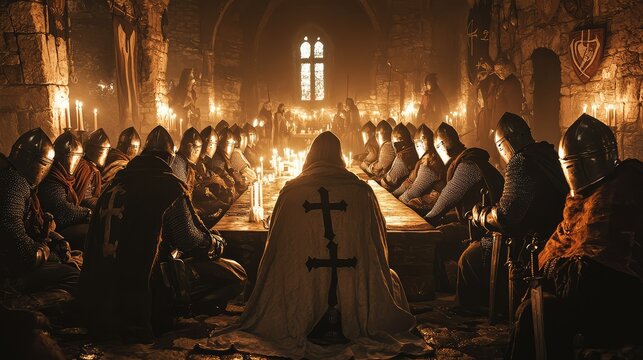 Medieval Knights Gathering Around Table in Dimly Lit Hall