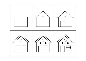 Cute house. Step by step drawing. Coloring page, coloring book page. Black and white vector illustration.