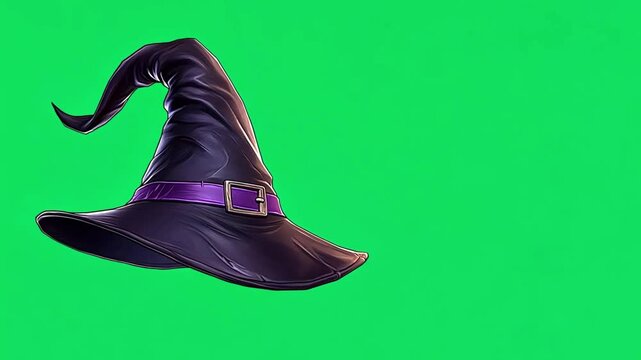 Witch hat on green screen background. Halloween witch hat animation on transparent background. Cartoon Halloween Witch Hat Icon Set Closeup Front View. Design Template of Witches Hat. Autumn Holidays,