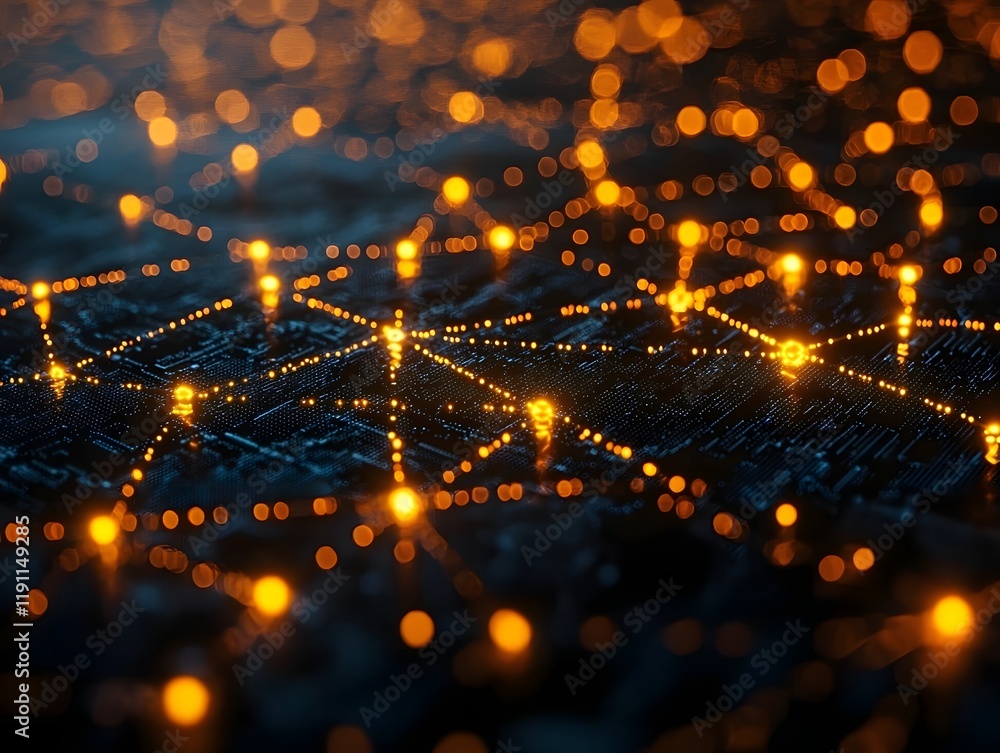 Poster interconnected glowing nodes representing the flow of ideas in a collaborative network concept