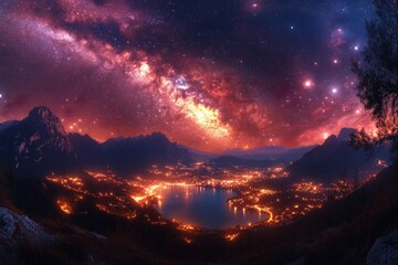 Fototapeta premium Night sky, Milky Way, mountains, lake, city lights.