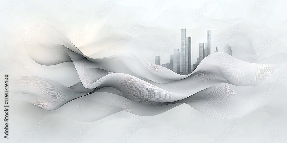 Poster flowing organic shapes and ethereal interlocking lines in a tranquil grayscale study of a modernist 