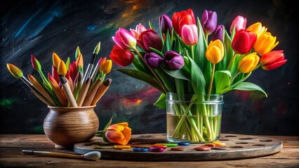 Vibrant Tulip Bouquet with Artist's Palette & Paints - Spring Still Life Photography