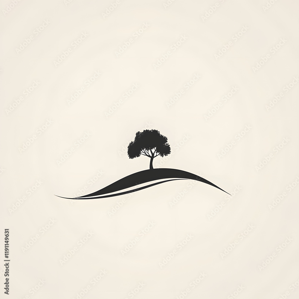 Poster minimalistic tree icon on a curved hill with flowing lines