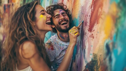 Happy Couple Painting Colorful Mural Together Artistic Collaboration Creative Teamwork Paint