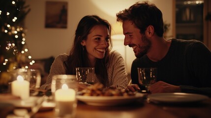 Romantic Couple Enjoying Intimate Dinner Date by Candlelight at Home Christmas Tree
