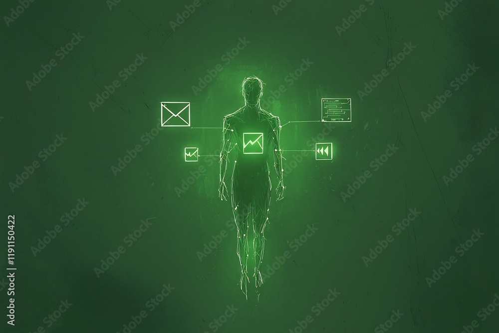 Poster futuristic digital depicting a user interface with various interconnected components like envelope s