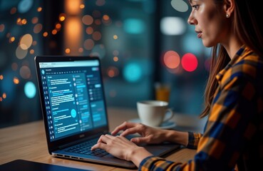 Woman uses laptop for social media management responding to comments, queries. Community engagement fostered through brand post interaction. Modern tech used for brand reputation. Illustration modern