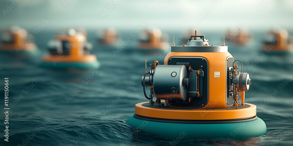 Poster futuristic offshore wave energy farm with massive wave powered generators floating on the open sea i