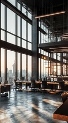 Modern Office Interior with Floor-to-Ceiling Windows at Sunset