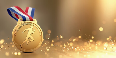 Golden Medal with Ribbon for Running Competitions Isolated on a Sparkling Background