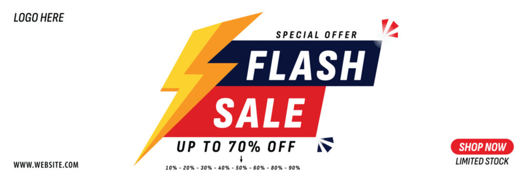 Flash sale banner with lightning bolt design, special offer, and up to 70% discount for online shopping promotions and e-commerce sales