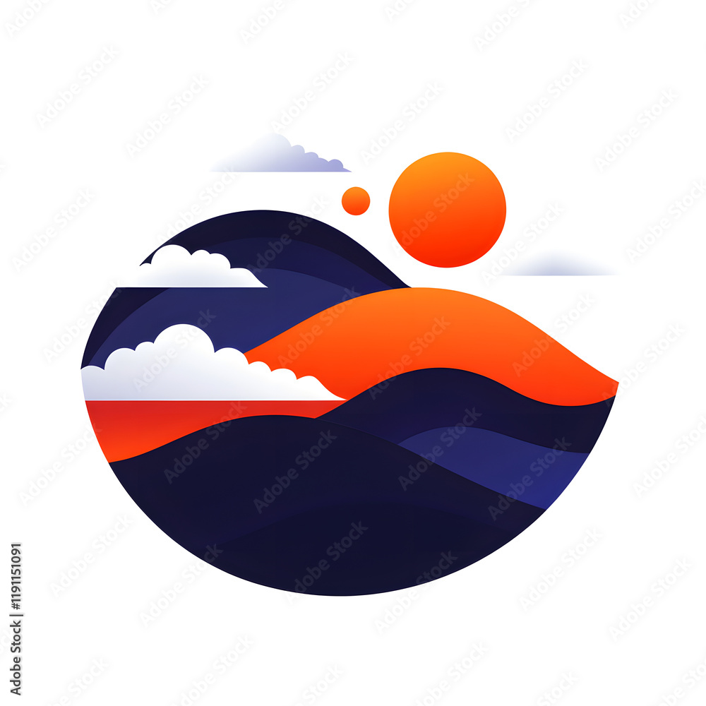 Poster minimalistic hills icon with stylized clouds in a clean pattern
