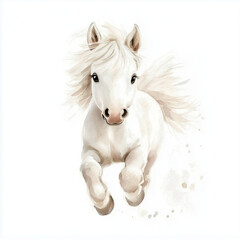 Fototapeta premium Illustration of the Shetland Pony running towards through grassland, soft watercolor tones, white background, detailed illustration, cartoonish.