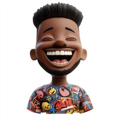 3D memoji of an African American man laughing joyfully while wearing a colorful graphic T-shirt on a bright white background