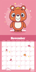 November calendar page with an owlet mascot