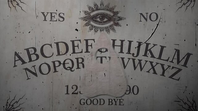 Ouija board's pointer moves on its own and writes the word spiritism