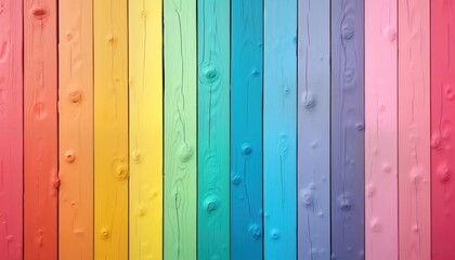 Colorful wooden planks in pastel rainbow colors form vibrant background. Perfect for summer themes LGBTQ pride celebrations. Painted wooden surface shows natural wood grain texture. Horizontal planks