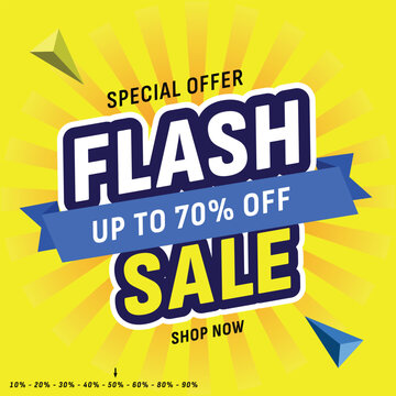 Flash Sale Shopping Poster or banner with Flash icon and 3D text on yellow background. Flash Sales 70% Off template design for social media and website. Special Offer Grand Sale campaign or promotion