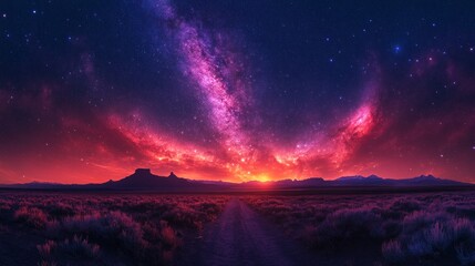 Pink and purple sunset, starry night, desert road.