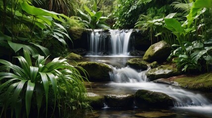 Tranquil Serenity in Nature: A Captivating Cascade of Waterfalls Surrounded by Lush Green Foliage in a Peaceful Tropical Jungle