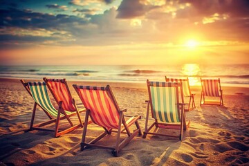 Vintage Beach Chairs in Soft Sand, Sunny Coastal Scene, Retro Summer Vacation