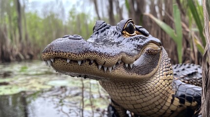 Obraz premium Close-up of a Young Alligator in a Swamp