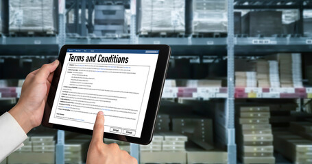 Digital legal contract provide terms and conditions document on computer screen ready for online digital signature for deal agreement of future business snugly