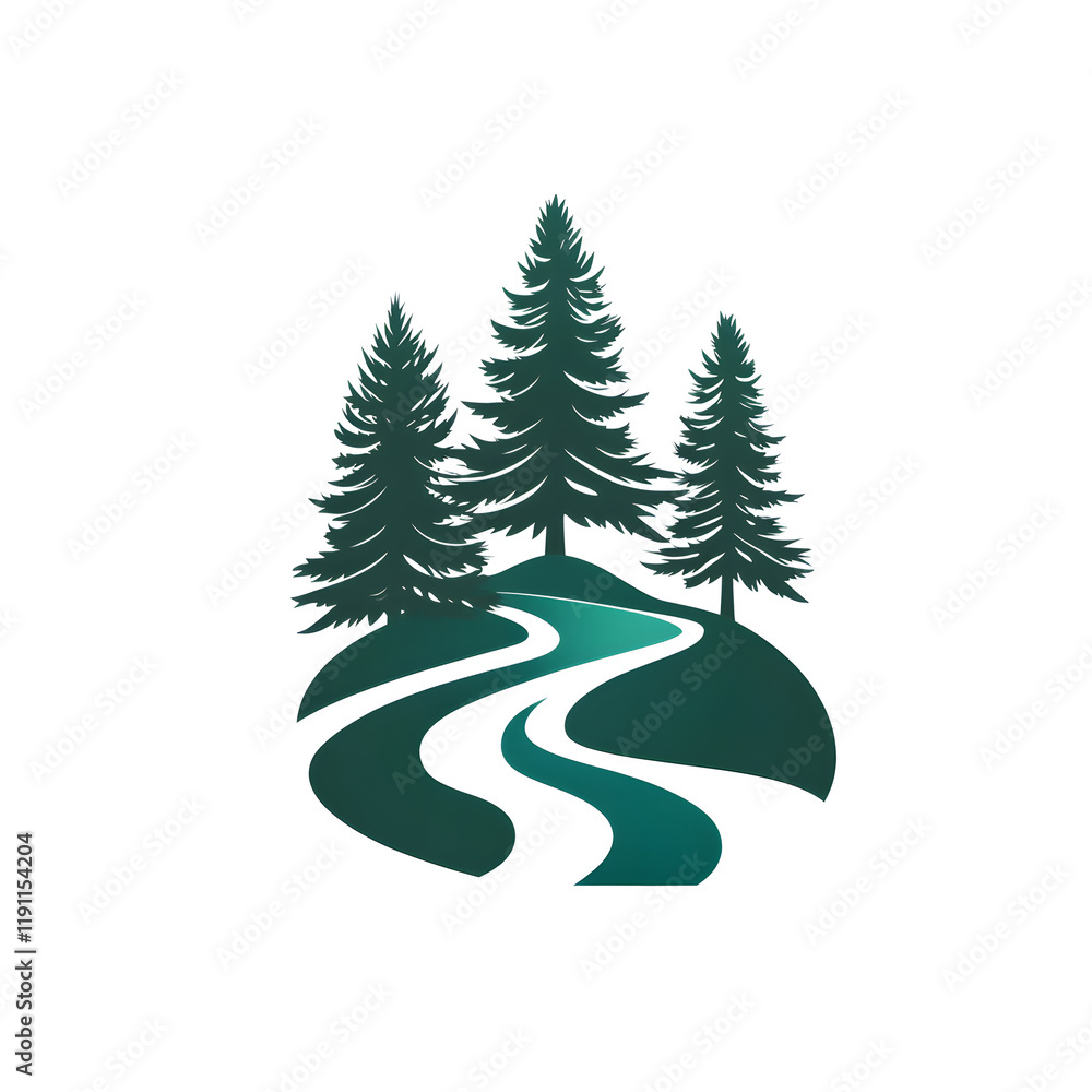 Poster flat vector design of flowing river and pine trees in elegant style