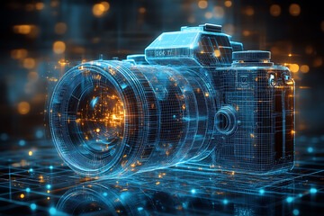 Glowing frame of a camera illustration with no logos or branding, on a transparent background, highlighted by a combination of blue and black data points, symbolizing digital photography technology.