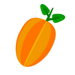 A star fruit with a green stem and leaves symbolizes a fresh and juicy fruit. Vector illustration. Flat style design.