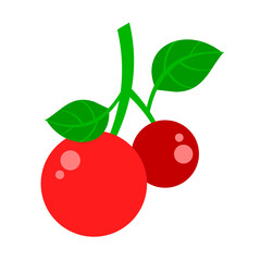 A simple and colorful vector illustration of three red cherries on a stem with green leaves, symbolizing freshness, summer, and a healthy snack.