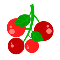 A simple and colorful vector illustration of three red cherries on a stem with green leaves, symbolizing freshness, summer, and a healthy snack.