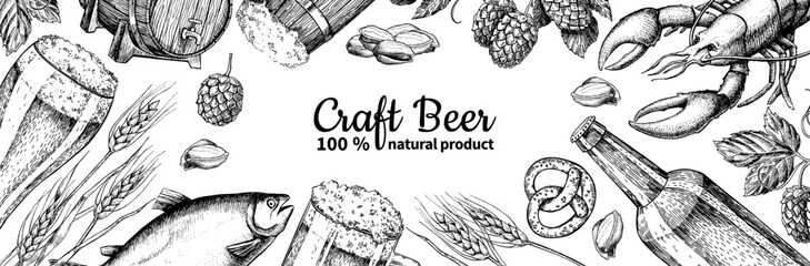 Beer vector frame banner. Alcohol beverage hand drawn illustration. Beer glass,