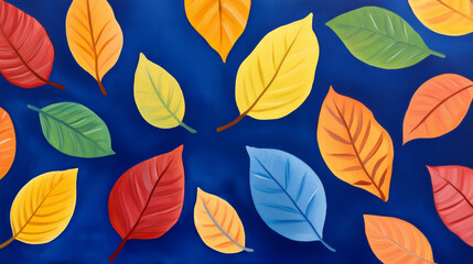 Colorful seasonal foliage on blue background: red, orange, yellow, and green leaves