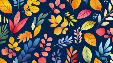 Colorful seasonal foliage on blue background: red, orange, yellow, and green leaves