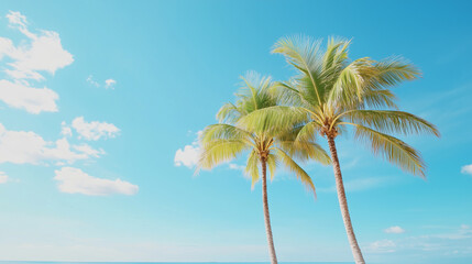 A tropical paradise scene featuring twin palm trees swaying gently by the ocean, with a vibrant blue sky and soft white clouds in the background, creating a tranquil and idyllic se