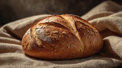 Freshly Baked Artisan Bread Loaves on a Rustic Cloth, Highlighting the Warmth and Comfort of Homemade Baking for Culinary