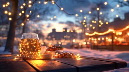 Glowing Golden New Year Celebration in a Snowy Park. Generative AI